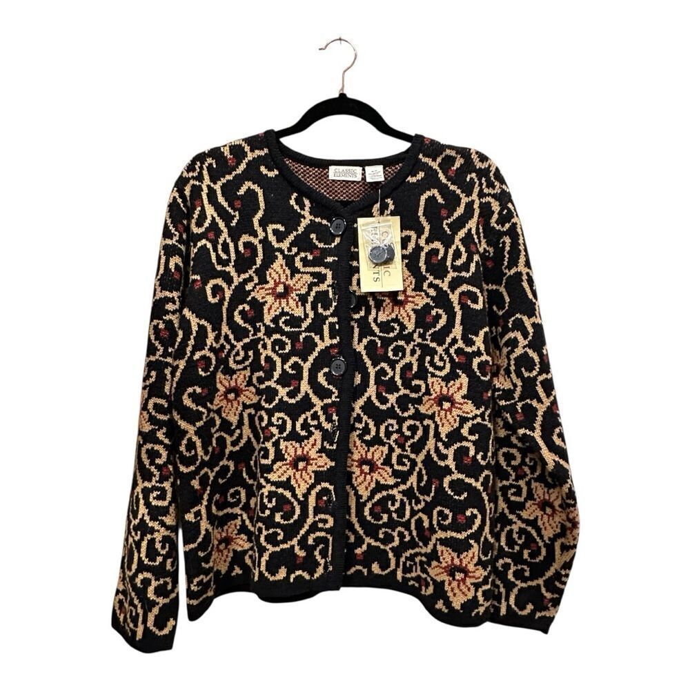 Sears Vintage Classic Elements NWT Black Floral Knit Cardigan Sweater